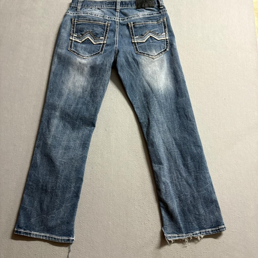 True Luck Jeans Mens 30x30 Blue Denim Thick Stitch Straight Leg Frayed Hem