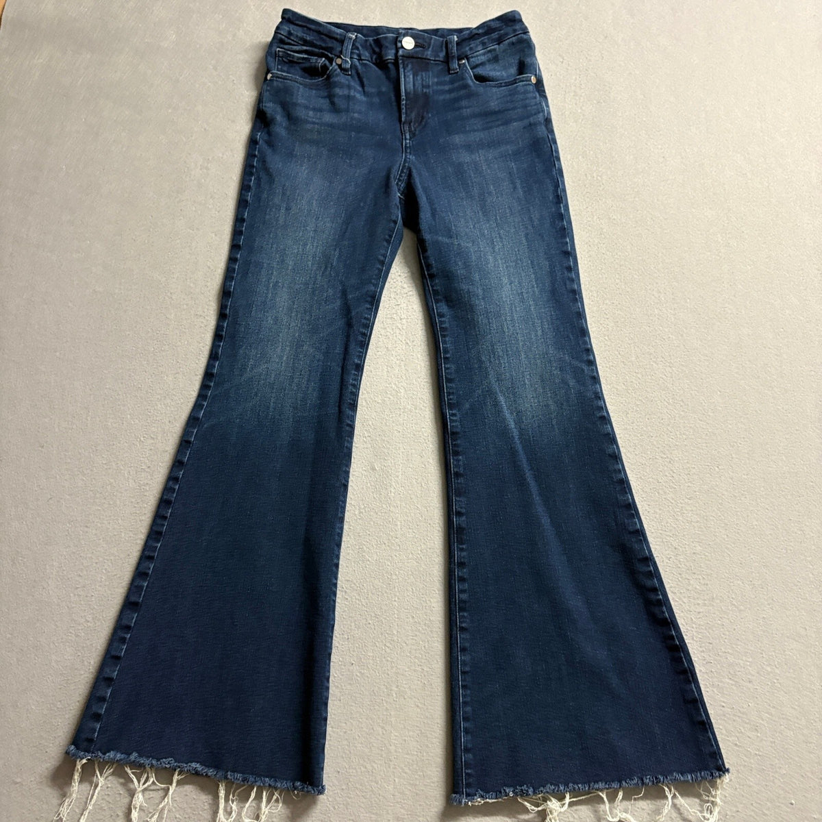 Express 70s Flare Jeans Womens Size S Short Blue High Stretch Raw Hem Mid Rise