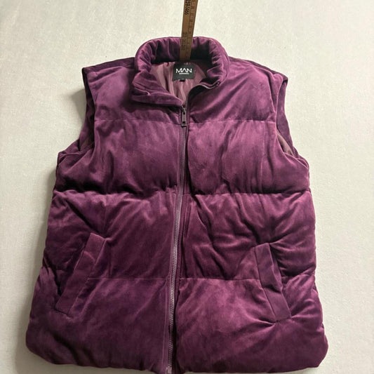 BoohooMAN Velvet Puffer Vest Mens Medium Purple Velour Padded Sleeveless Jacket