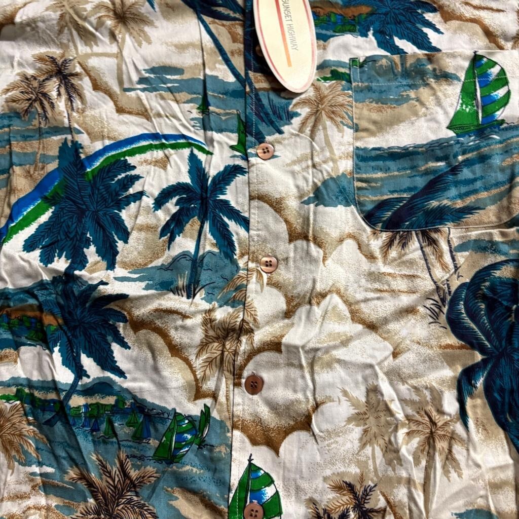 Sunset Highway Hawaiian Shirt Mens XL Blue Rayon Sailboat Palm Tree Beach NWT