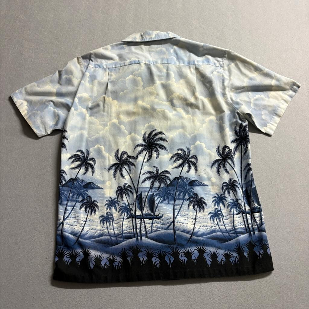 RJC Hawaiian Shirt Mens Medium Blue Clouds Palm Trees Sailboat Made in USA