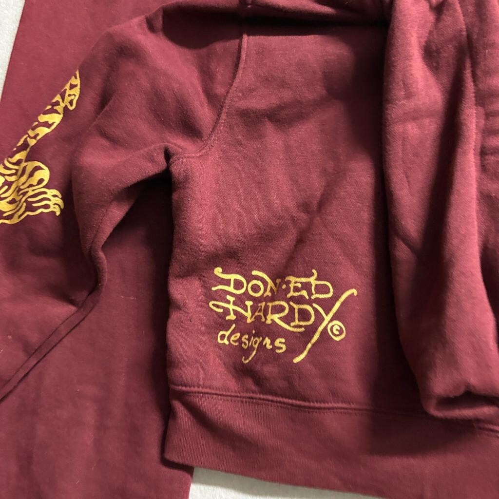 Ed Hardy Womens Tracksuit Set Small Maroon Tiger Graphic Crop Hoodie Sweatpants