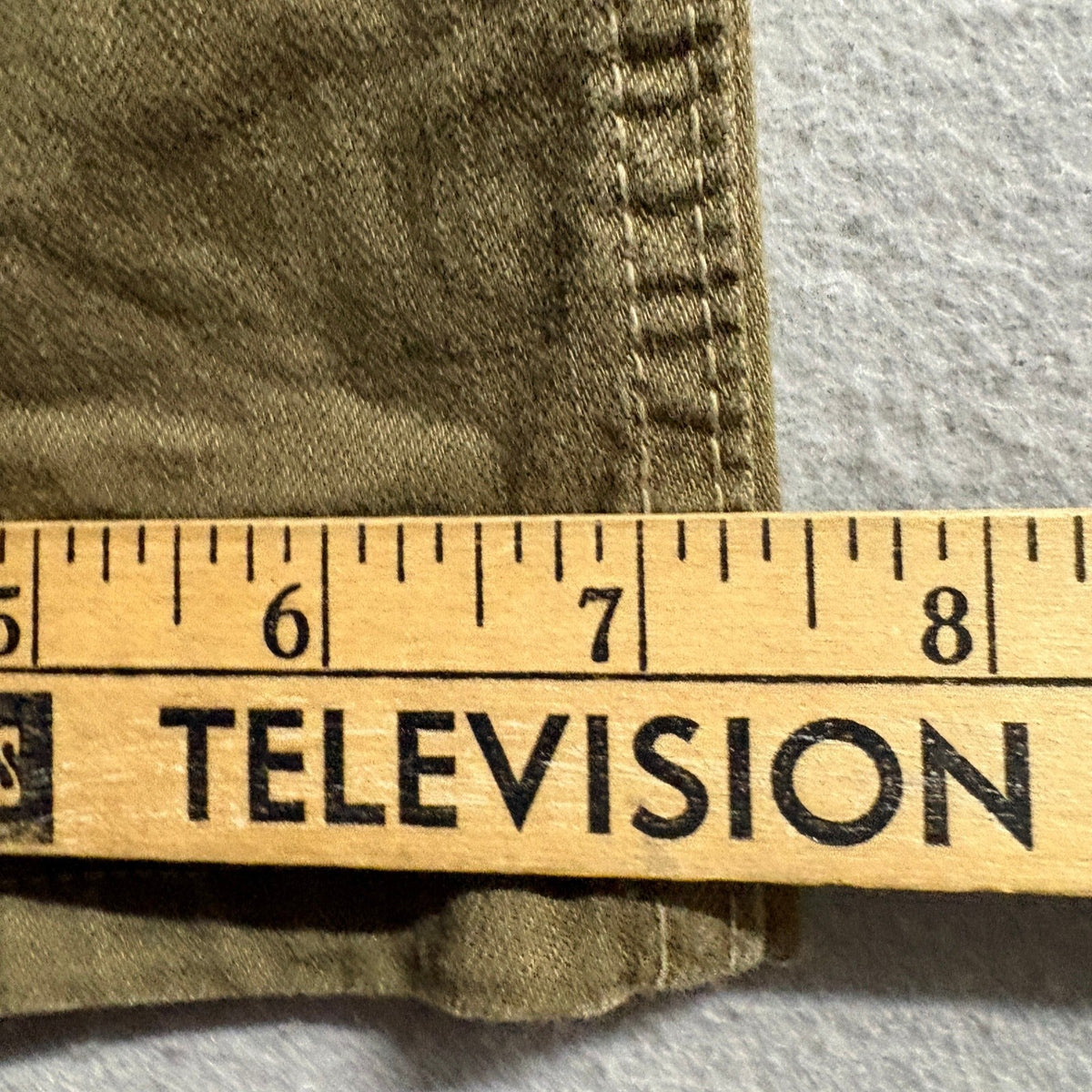 Rustic Dime Mens 34 Olive Green Distressed Taper Fit Jeans Made in USA Stretch