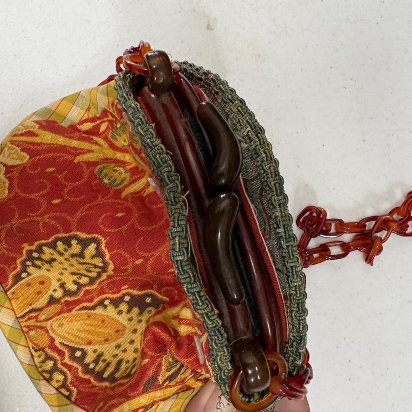 Vintage Handmade Fabric Purse Red Yellow Floral Pattern Tortoiseshell Chain