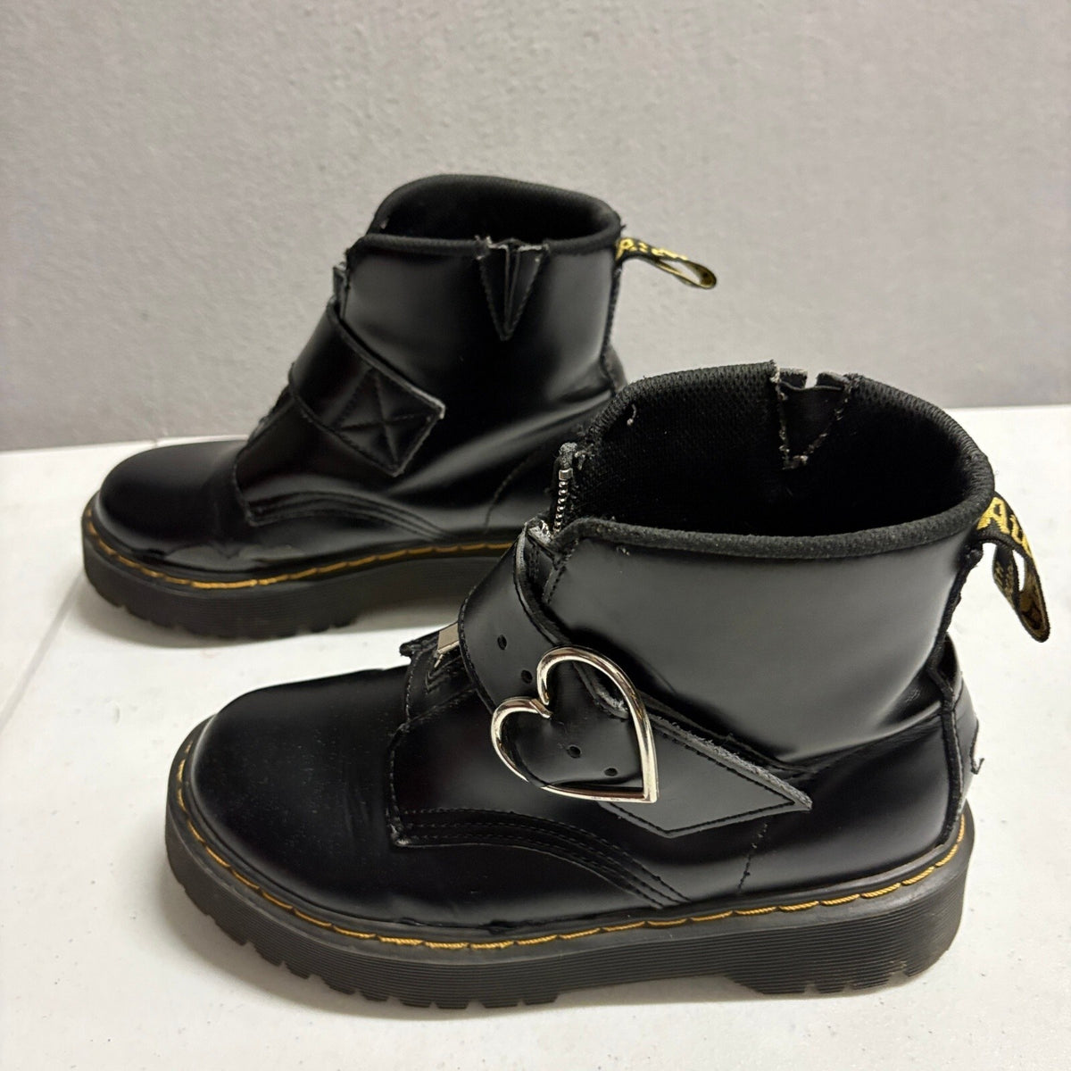 Dr Martens Lazy Oaf Devon Heart Buckle Platform Boots Black Leather Womens