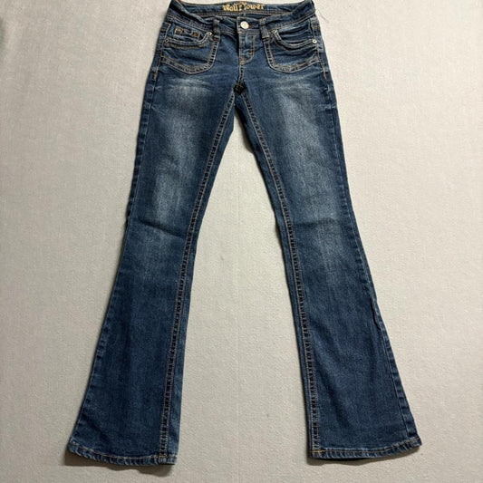 WallFlower Bootcut Jeans Womens Size 3 Blue Denim Embellished Flap Pocket