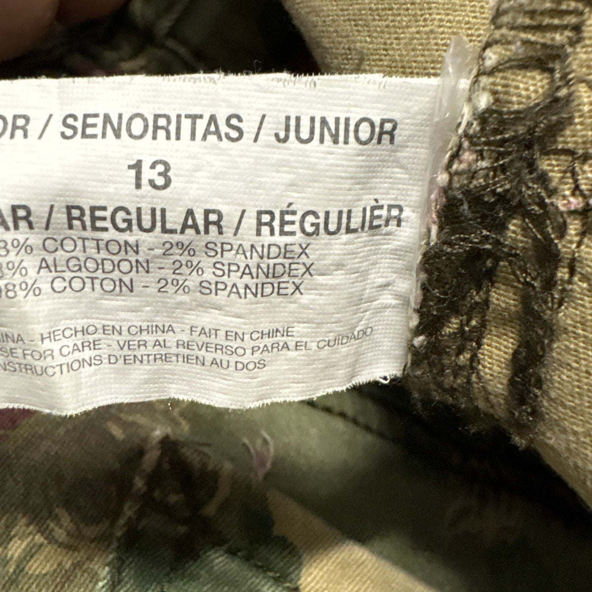 True Freedom Floral Camo Jeans Juniors Size 13 Olive Green Purple Rose Print