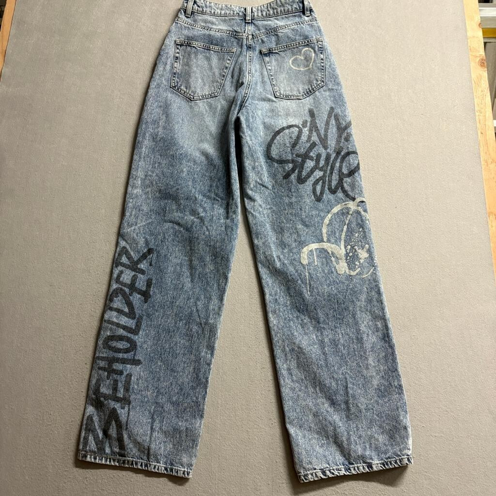 H&M Divided Graffiti Print Jeans Womens Size 2 Blue Acid Wash High Rise Denim