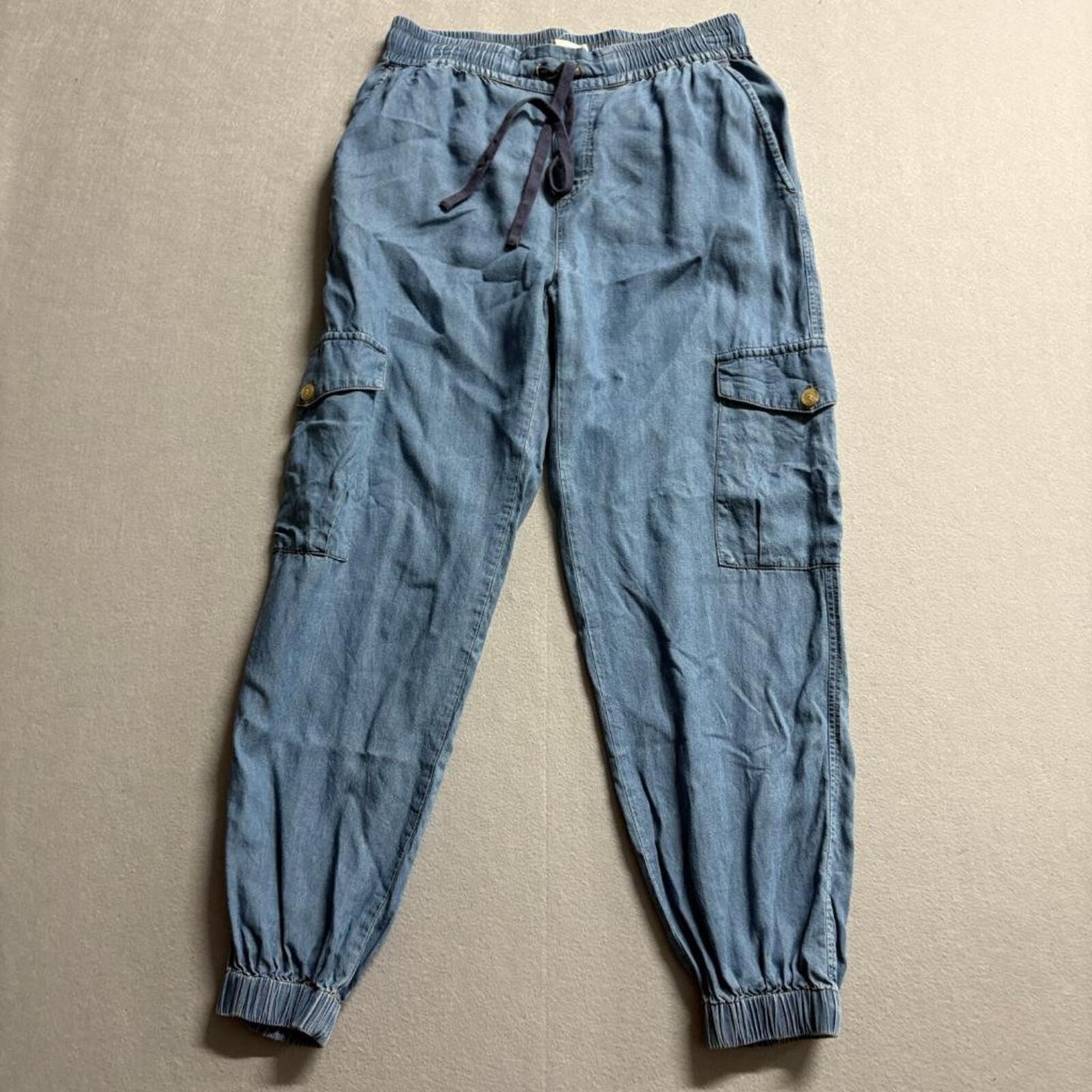 Malibu Bum Womens Blue Tencel Denim Cargo Jogger Pants Size S Drawstring Waist