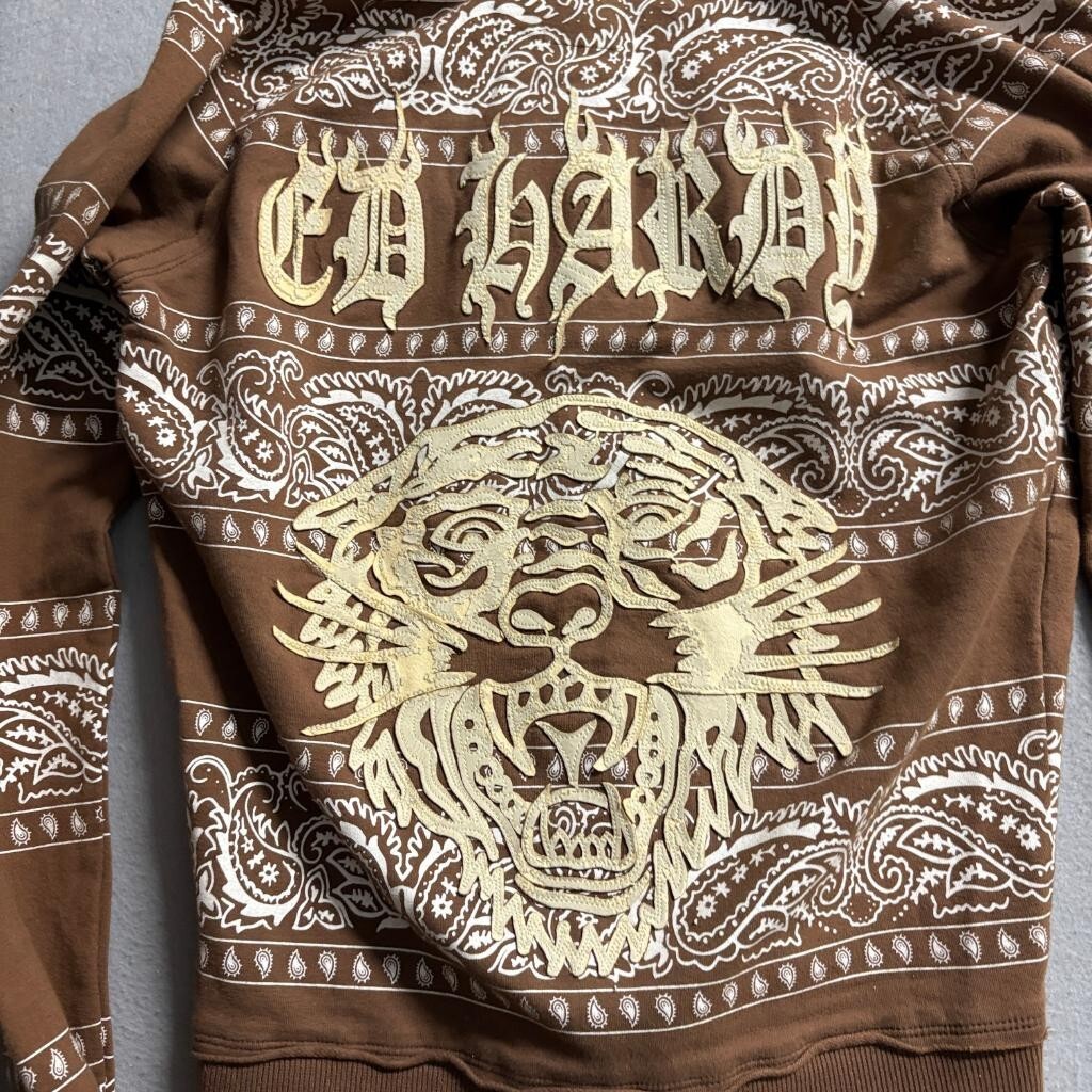 Ed Hardy Hoodie Womens Medium Brown Paisley Bandana Tiger Full Zip Sweatshirt