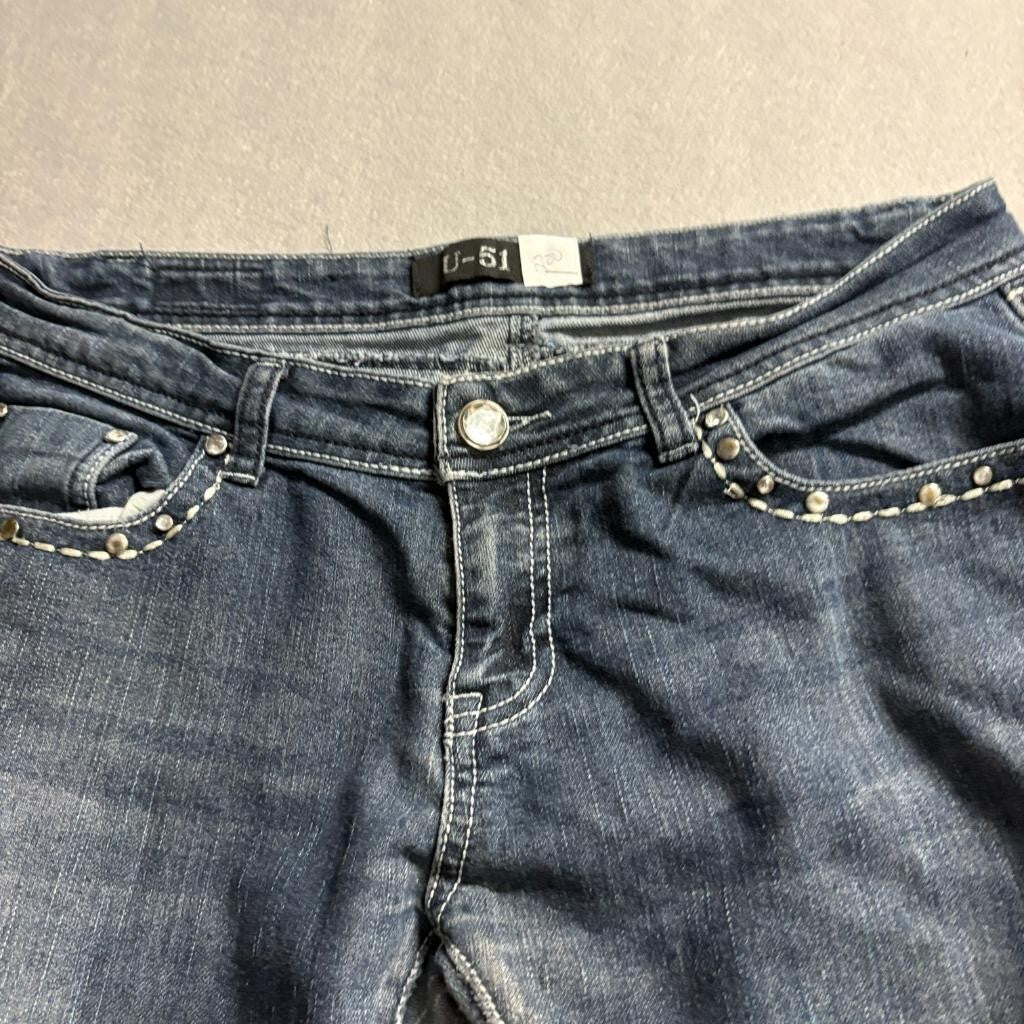 U-51 Jeans Womens 11/12 Blue Denim Embellished Studded Pockets Stretch Skinny