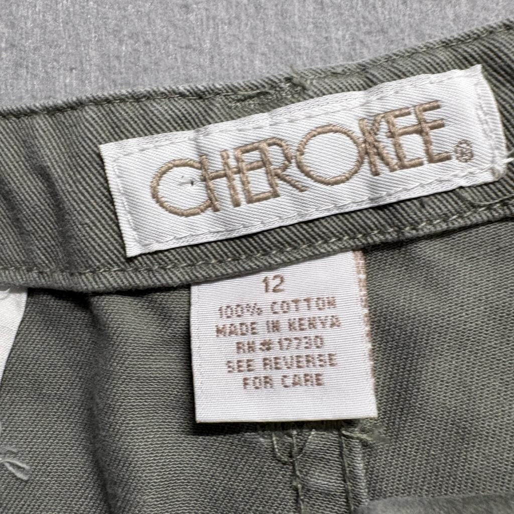 Cherokee Utility Crop Pants Womens Size 12 Green Cotton Cargo Capris Hook Loop