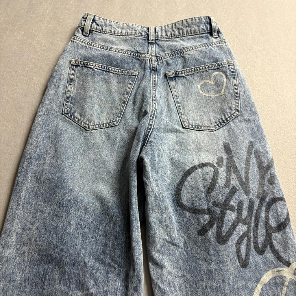 H&M Divided Graffiti Print Jeans Womens Size 2 Blue Acid Wash High Rise Denim