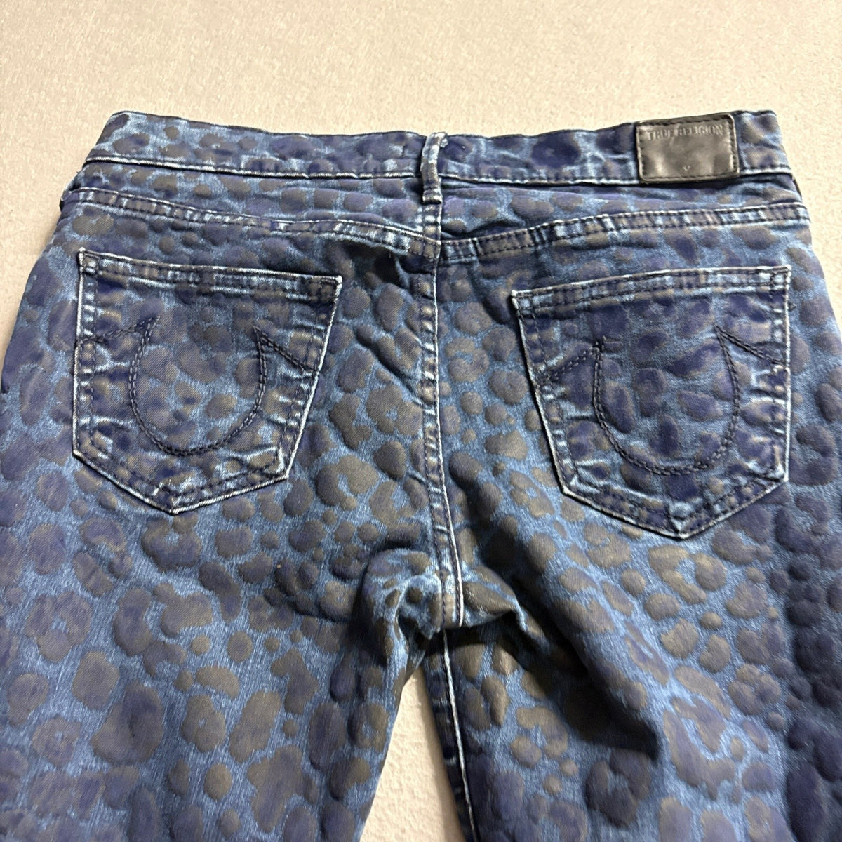 True Religion Halle Super Skinny Jeans Womens 27 Blue Leopard Print Mid Rise USA