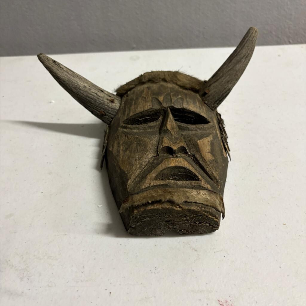 Vintage Hand Carved Wooden Horned Mask Folk Art Tribal Style Fur Accents 8 Inch
