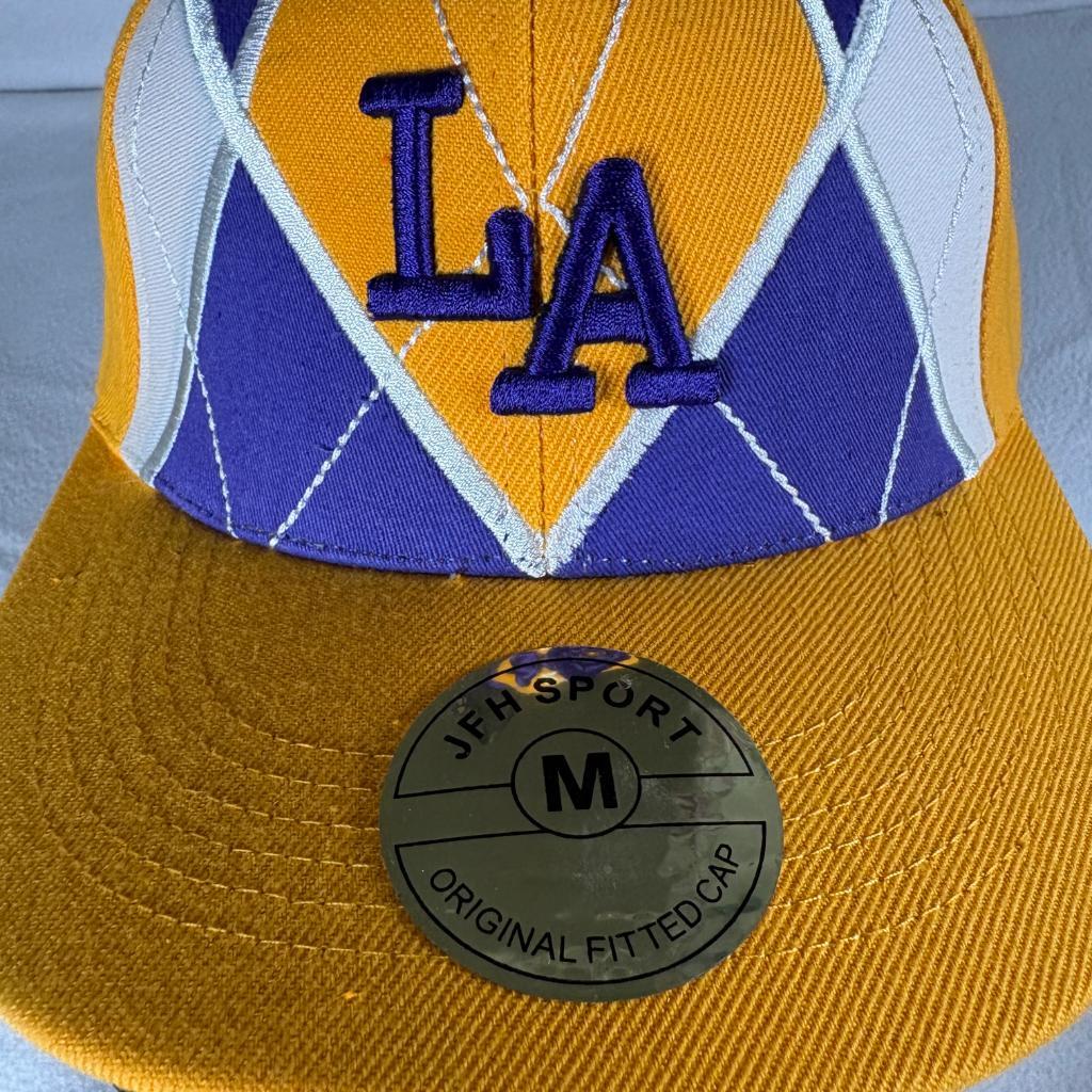 Los Angeles Lakers JFH Headwear Fitted Hat Size M Yellow Purple Argyle Cap