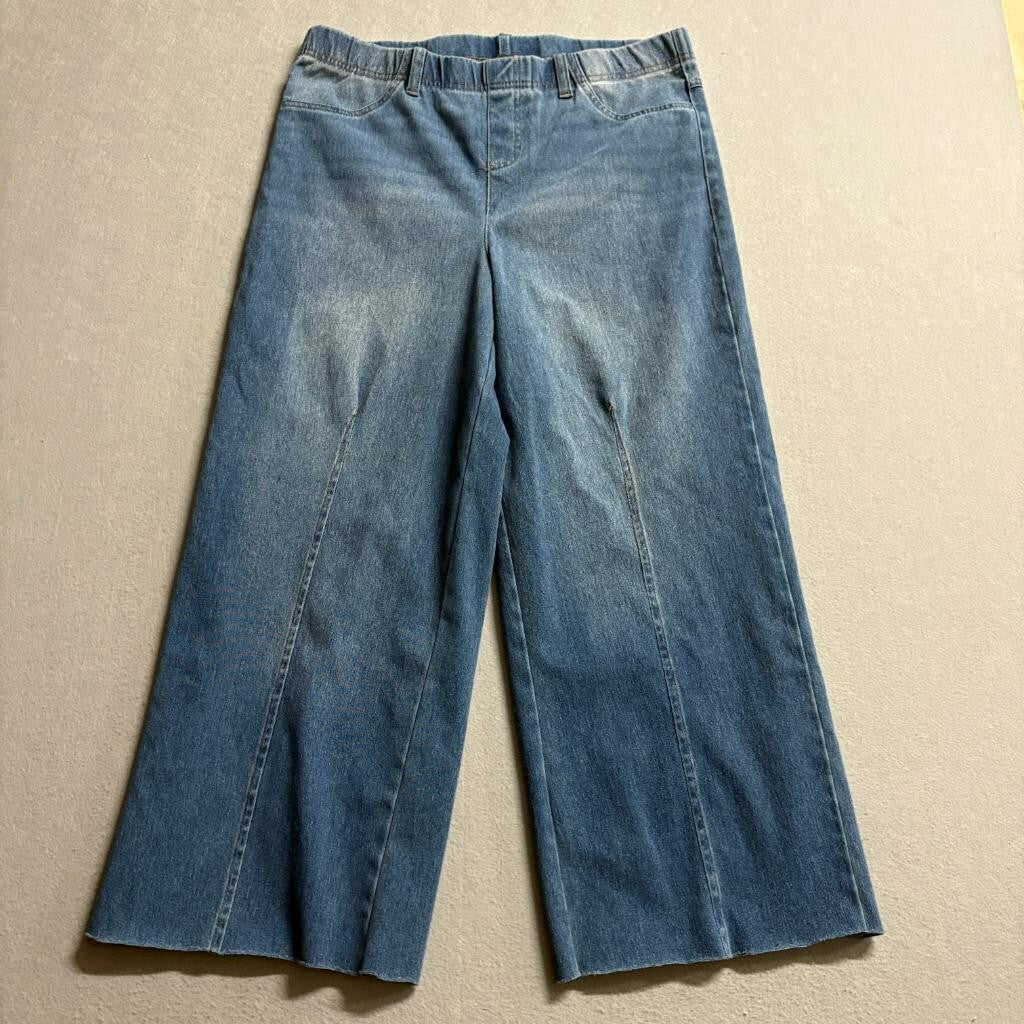 Serra Women Blue Denim Wide Leg Crop Pants Size L Pull On Stretch Raw Hem