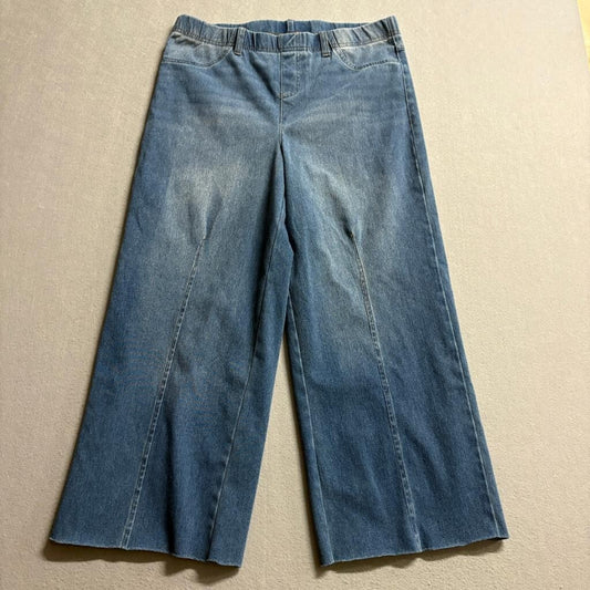 Serra Women Blue Denim Wide Leg Crop Pants Size L Pull On Stretch Raw Hem