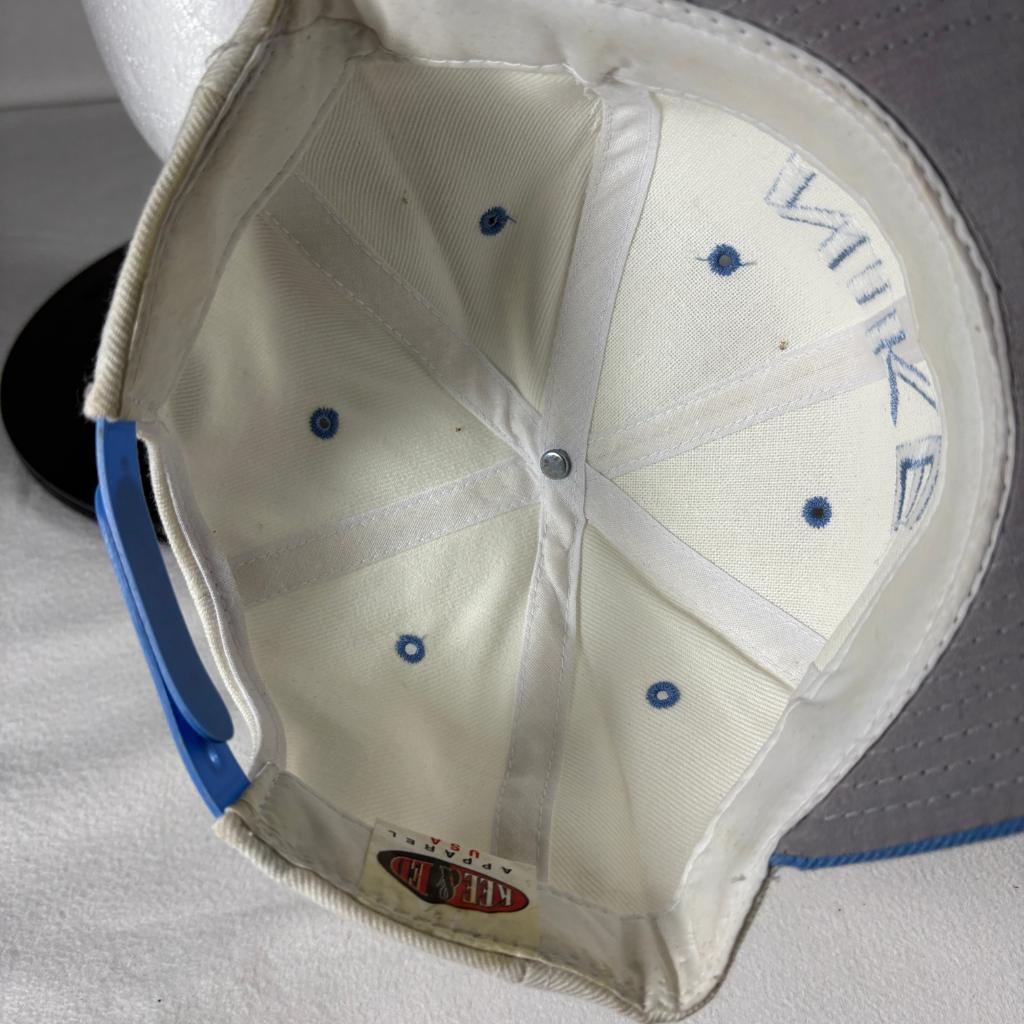 Vintage Nike Spellout Snapback Hat Kee & Ed Apparel USA Cream Blue Cap