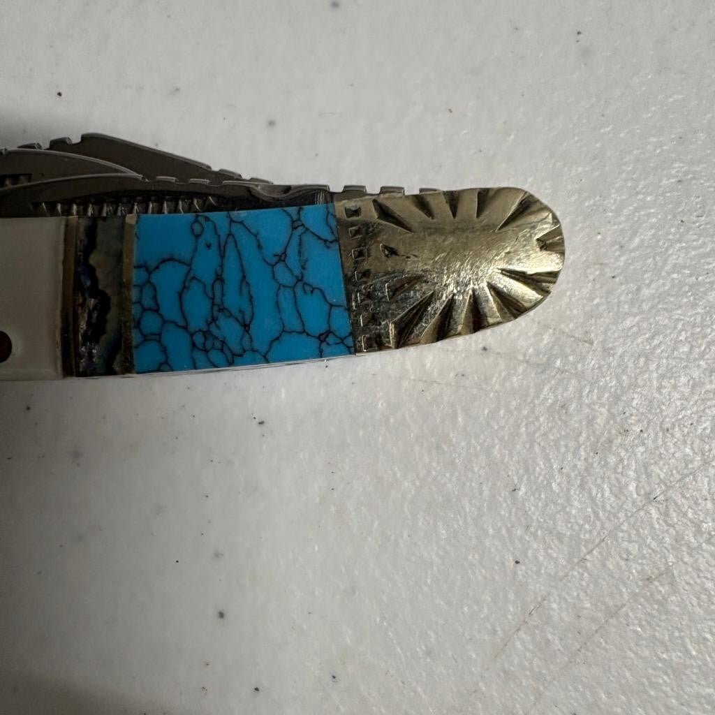 Silverhorse Stoneworks 3 Blade Pocket Knife Turquoise Abalone Pearl Horse Head