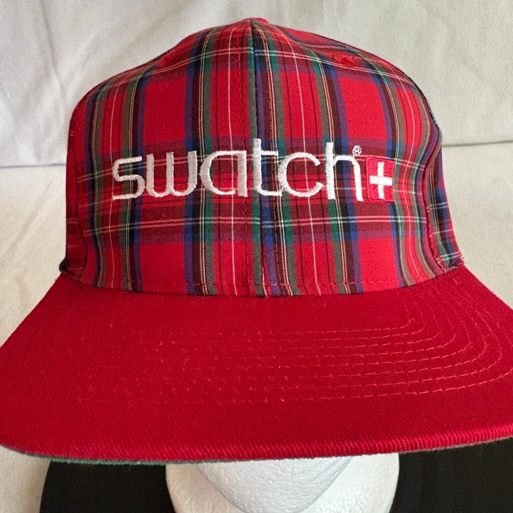 Vintage Swatch Watch Plaid Snapback Hat Mens Red Tartan KC Caps Made in Phils