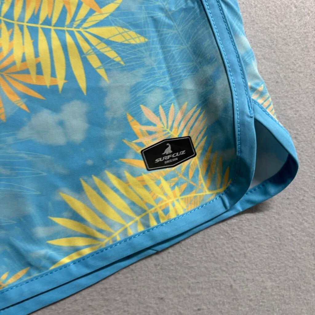 Surfcuz Board Shorts Mens 36 Blue Yellow Palm Leaf Print Swim Trunks Pockets