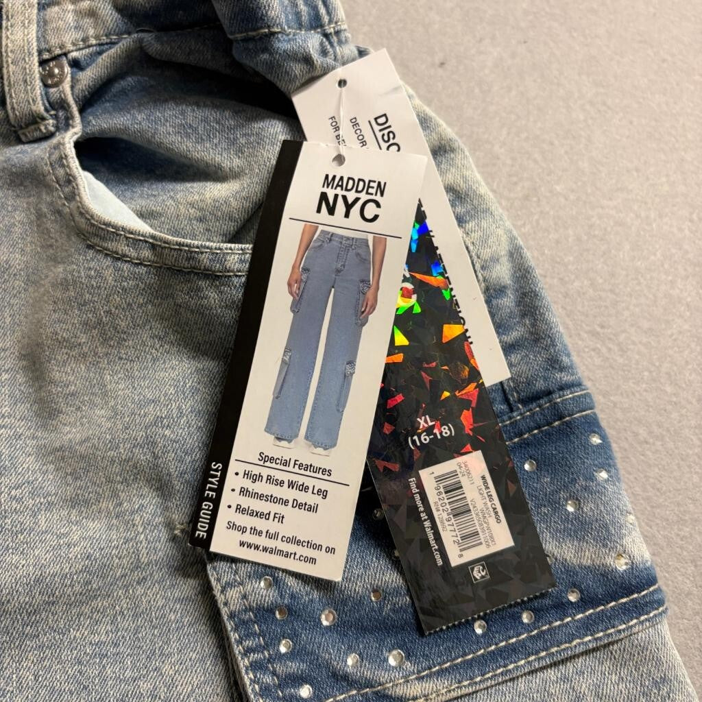 Madden NYC Wide Leg Cargo Jeans Womens XL 16-18 Rhinestone Blue Denim New