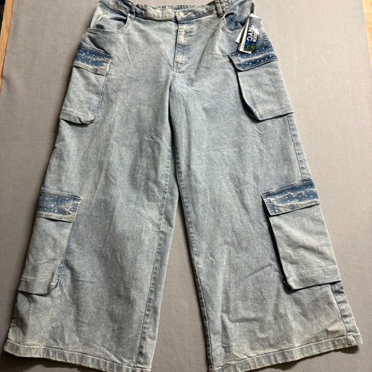 Madden NYC Cargo Jeans Womens XXL 20 Blue Light Wash Rhinestone Wide Leg New