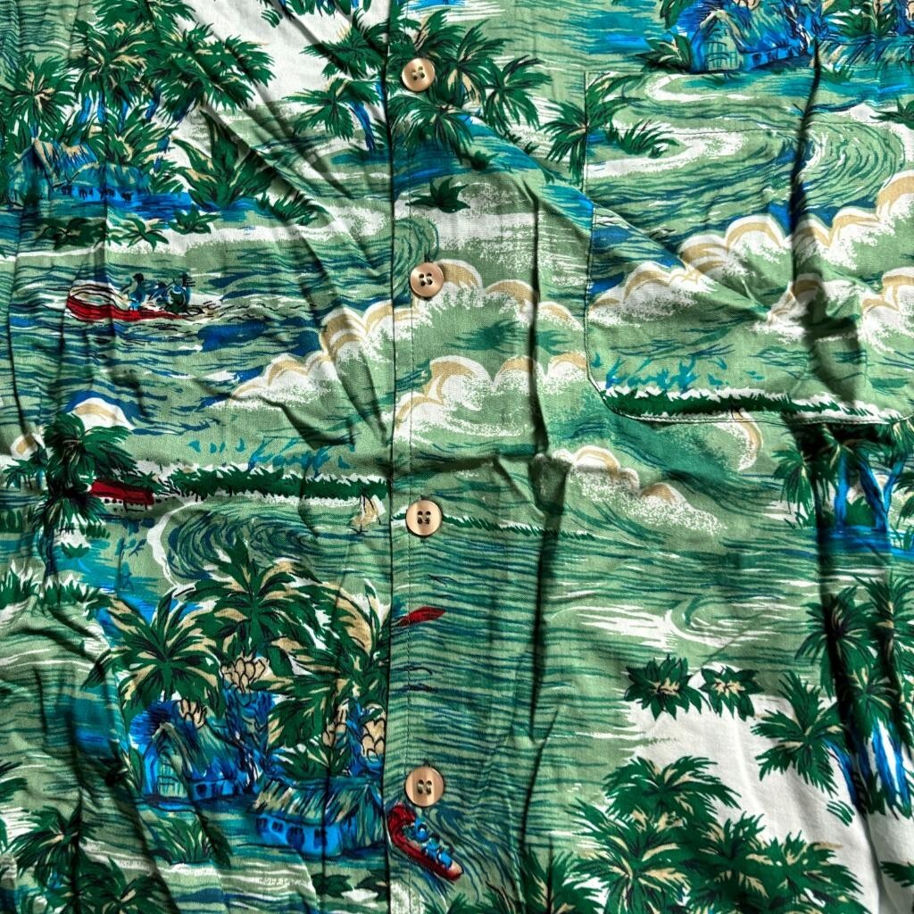 Sunset Highway Hawaiian Shirt Mens XL Green Rayon Tropical Palm Tree Boat Nepal