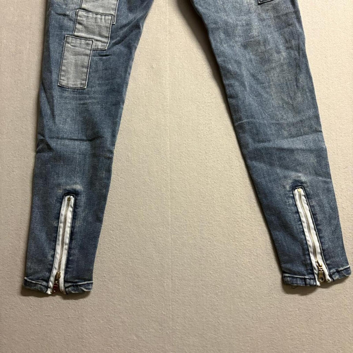 Astatine Denim Mens 32 Distressed Patchwork Skinny Jeans Blue Zip Ankle Cargo
