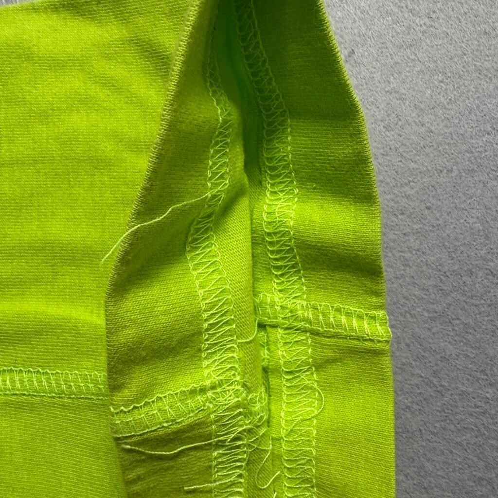 Vintage IOU T-Shirt Mens Large Neon Lime Green 1991 Fashion Network Raglan Tee