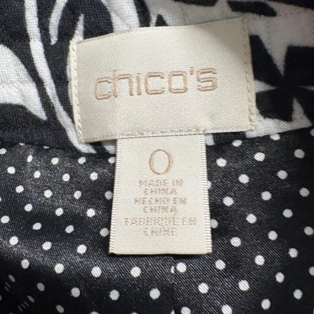 Chico's Quilted Jacket Womens Size 0 XS Black White Floral Polka Dot Open Front