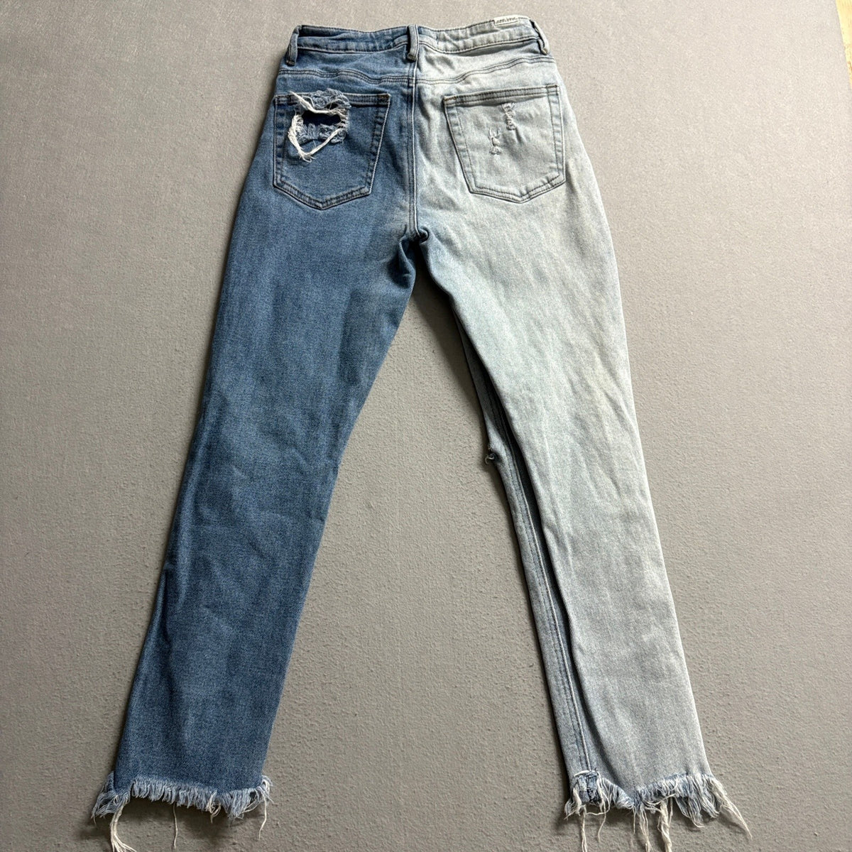 Almost Famous Two Tone Split Color Distressed Jeans Womens Size 1 High Rise Hem
