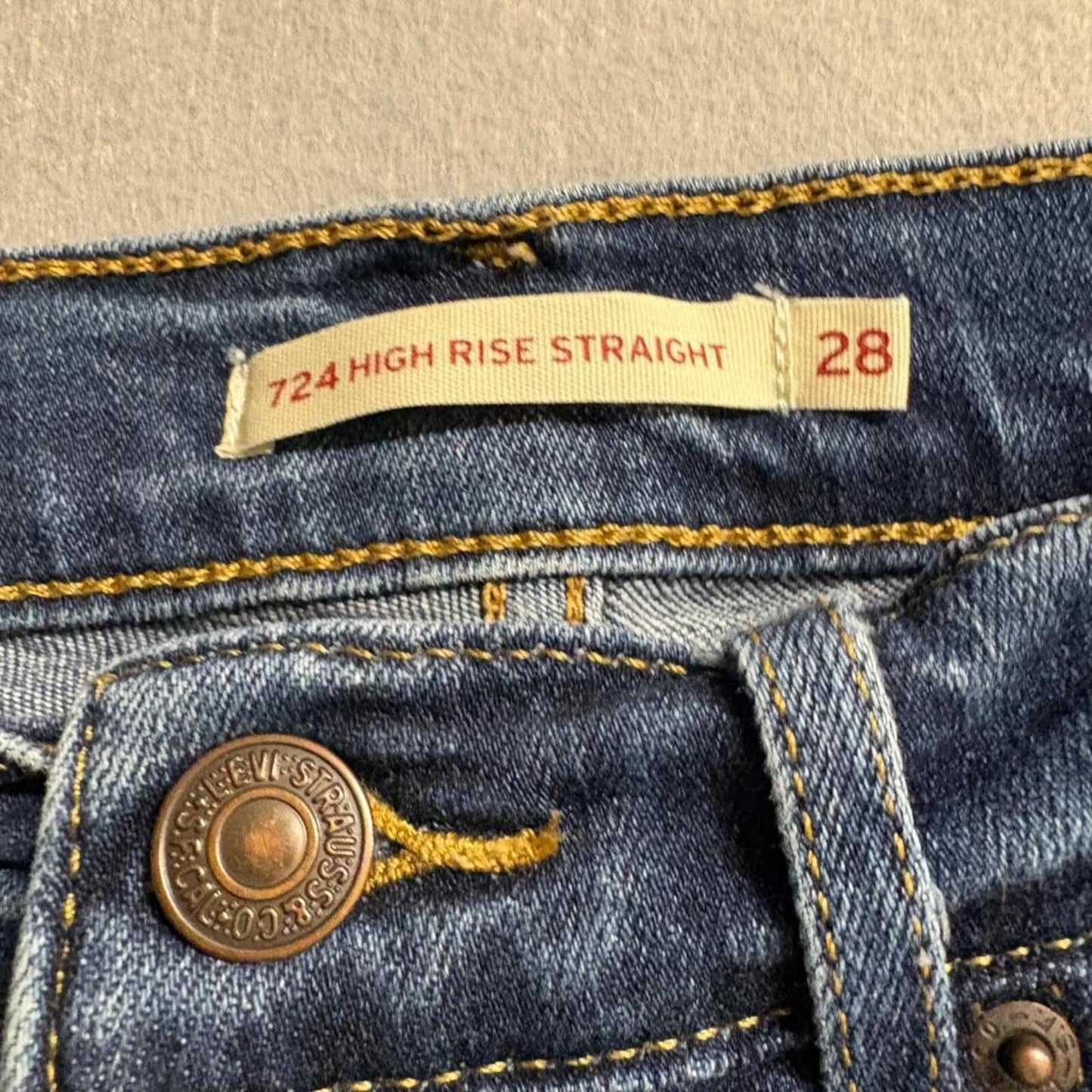 Levi's 724 High Rise Straight Jeans Womens 28 Raw Hem Blue Denim Stretch