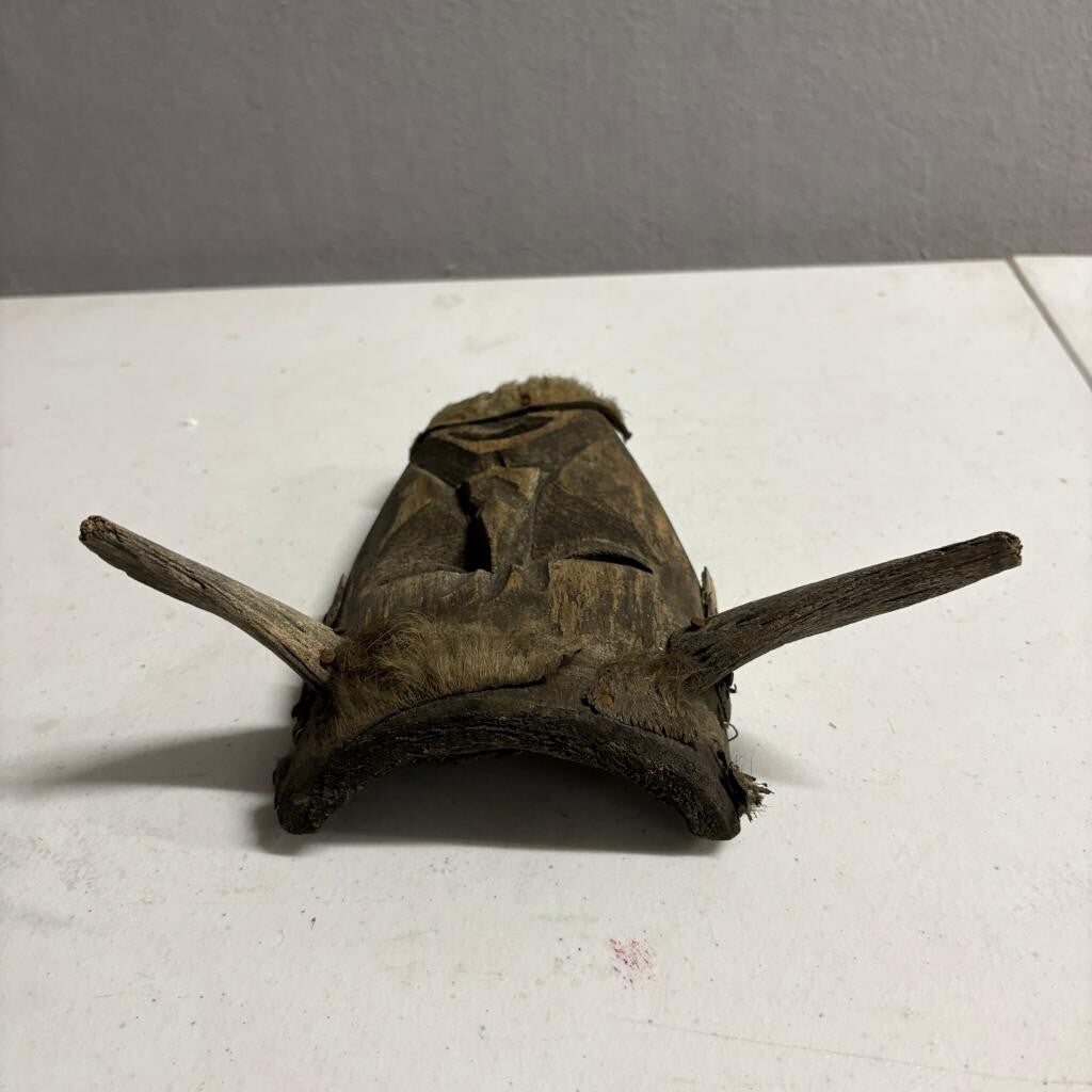 Vintage Hand Carved Wooden Horned Mask Folk Art Tribal Style Fur Accents 8 Inch