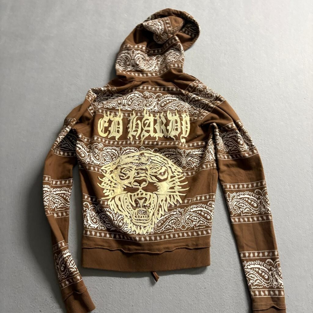 Ed Hardy Hoodie Womens Medium Brown Paisley Bandana Tiger Full Zip Sweatshirt