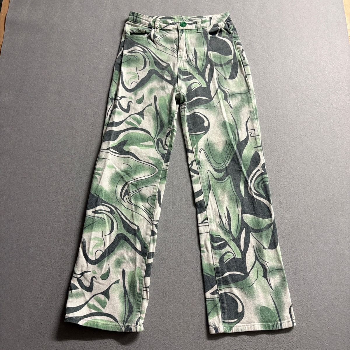 Abstract Swirl Print Straight Leg Jeans Womens Size 26 High Rise Green White