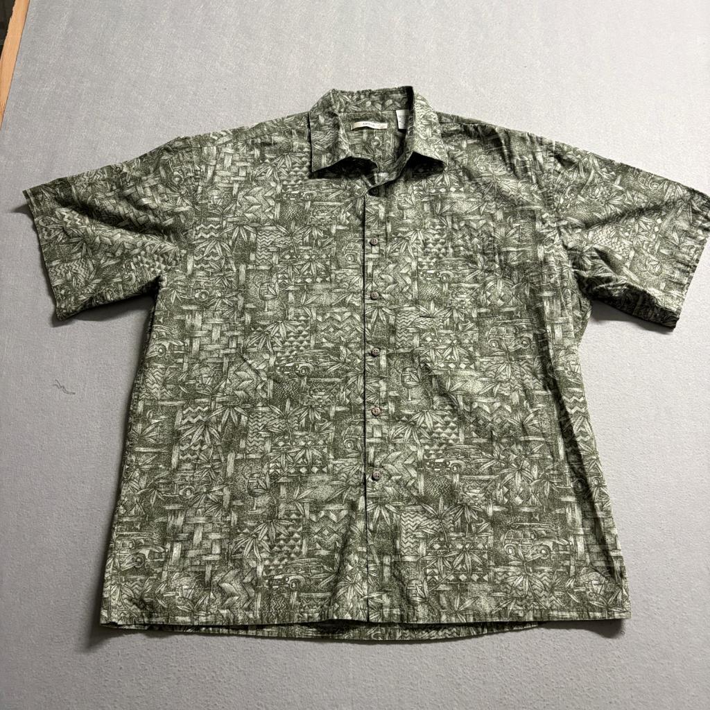 Moda Campia Hawaiian Shirt Mens XL Green Cotton Woody Wagon Tropical Tiki