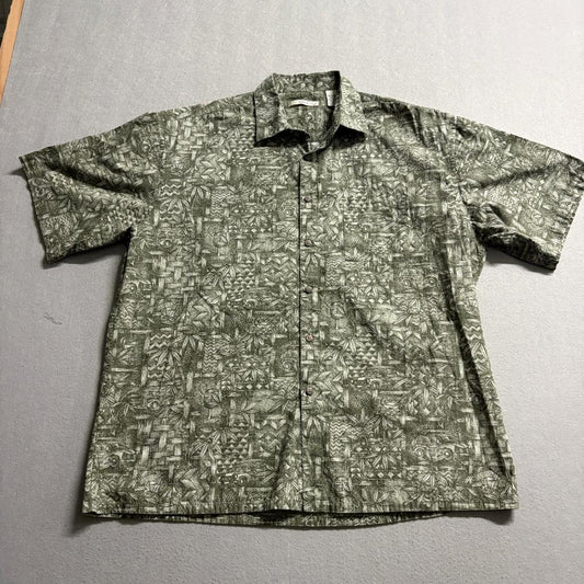 Moda Campia Hawaiian Shirt Mens XL Green Cotton Woody Wagon Tropical Tiki