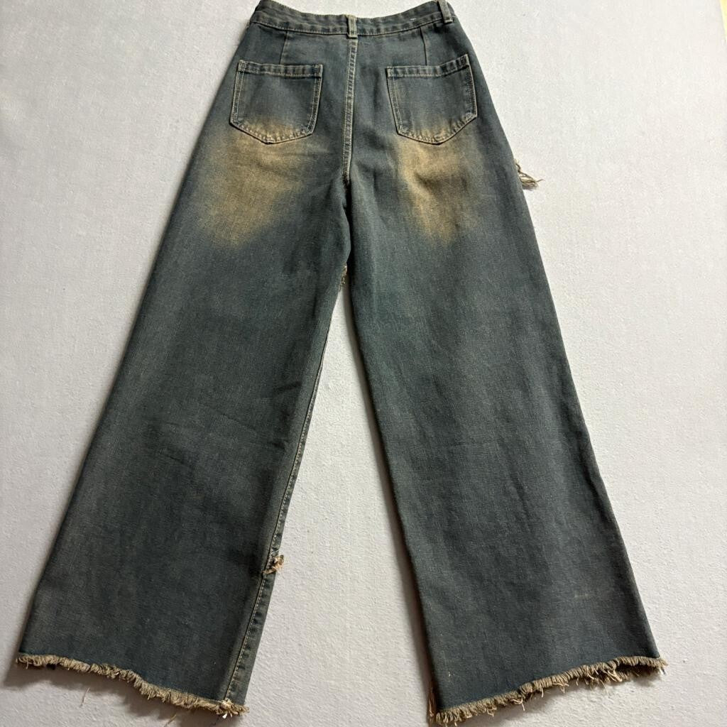 Unbranded Distressed Patchwork Wide Leg Jeans Womens Size S Gray Denim Fringe