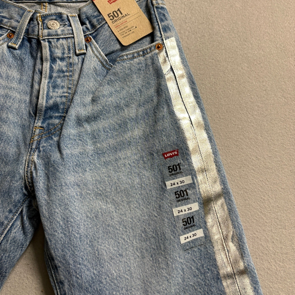 Levi's 501 Original High Rise Straight Leg Jeans Womens 24 x 30 Silver Stripe