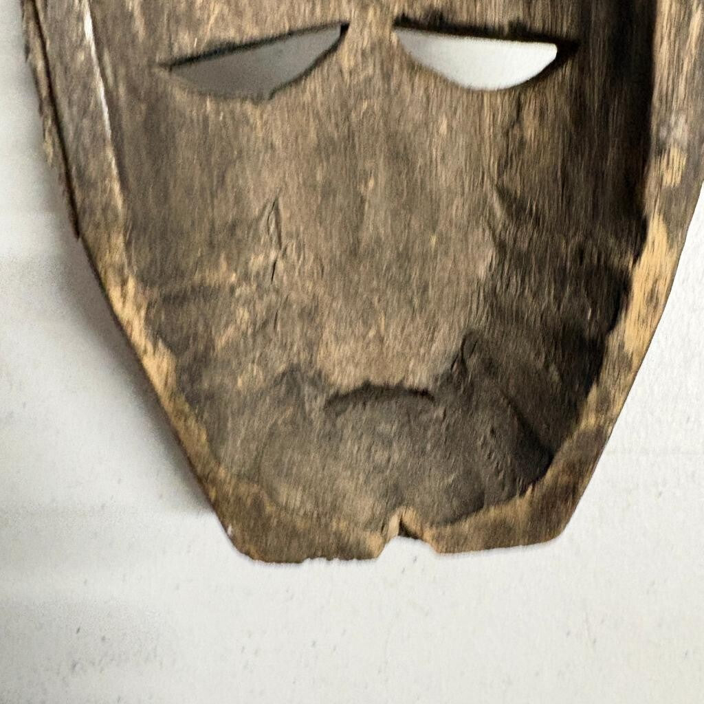 Vintage Hand Carved Wooden Horned Mask Folk Art Tribal Style Fur Accents 8 Inch