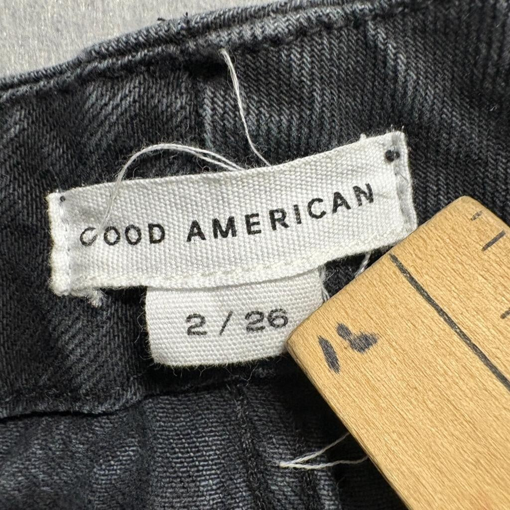 Good American Good Boy Straight Leg Jeans Womens 2/26 Black High Rise Side Slit