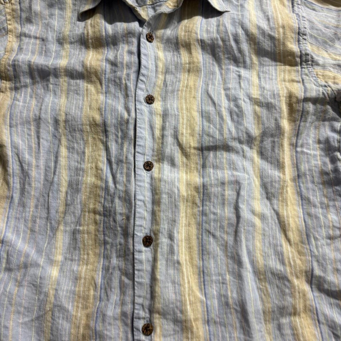Tommy Bahama Shirt Mens Medium Blue Yellow Striped 100% Linen Short Sleeve