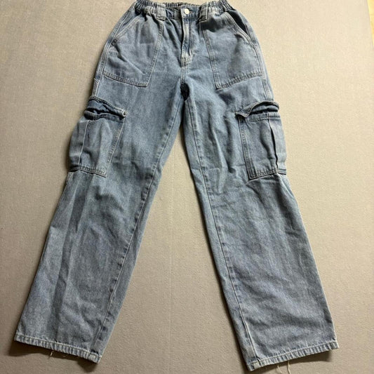 Simple Society Cargo Jeans Womens M Medium Blue Denim Elastic Waist Wide Leg
