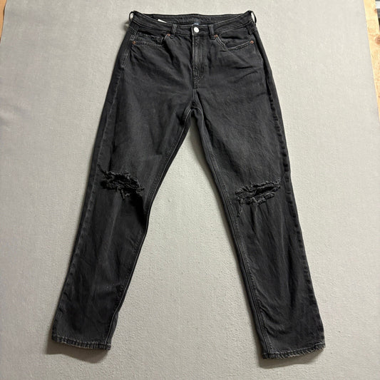 American Eagle Strigid Mom Jeans Womens 6 Black Distressed High Rise Denim
