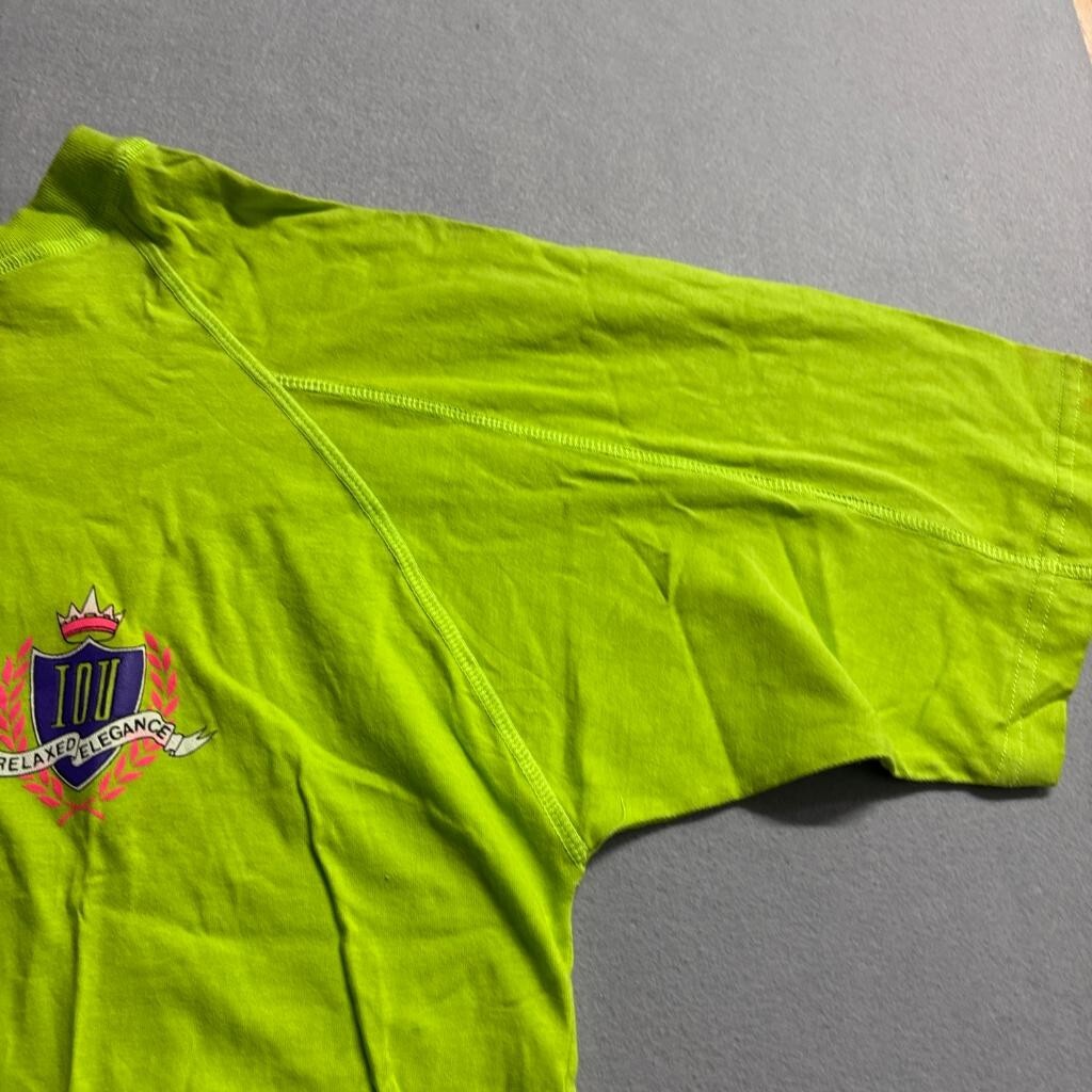 Vintage IOU T-Shirt Mens Large Neon Lime Green 1991 Fashion Network Raglan Tee