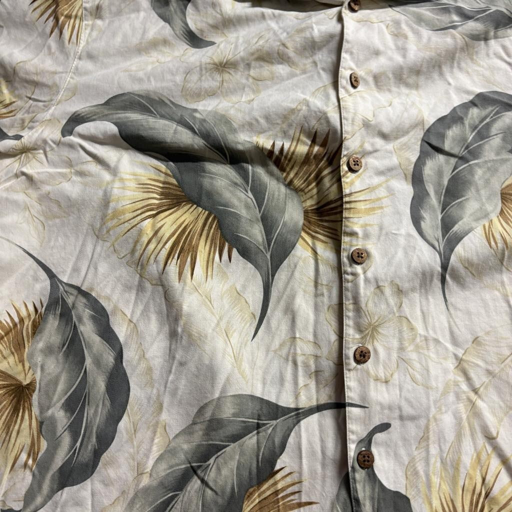 Caribbean Joe Mens 3X Silk Cotton Hawaiian Shirt Tropical Palm Leaf Beige Green