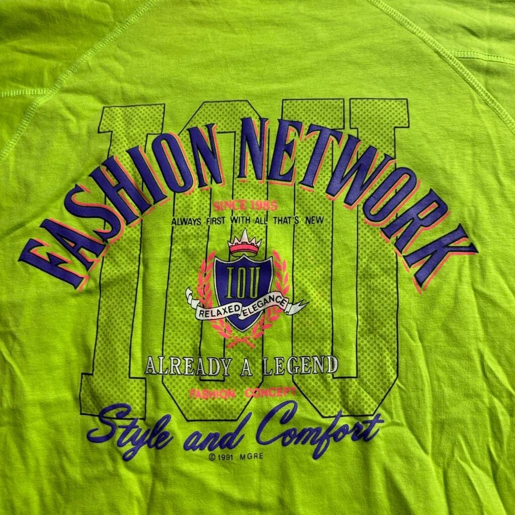 Vintage IOU T-Shirt Mens Large Neon Lime Green 1991 Fashion Network Raglan Tee