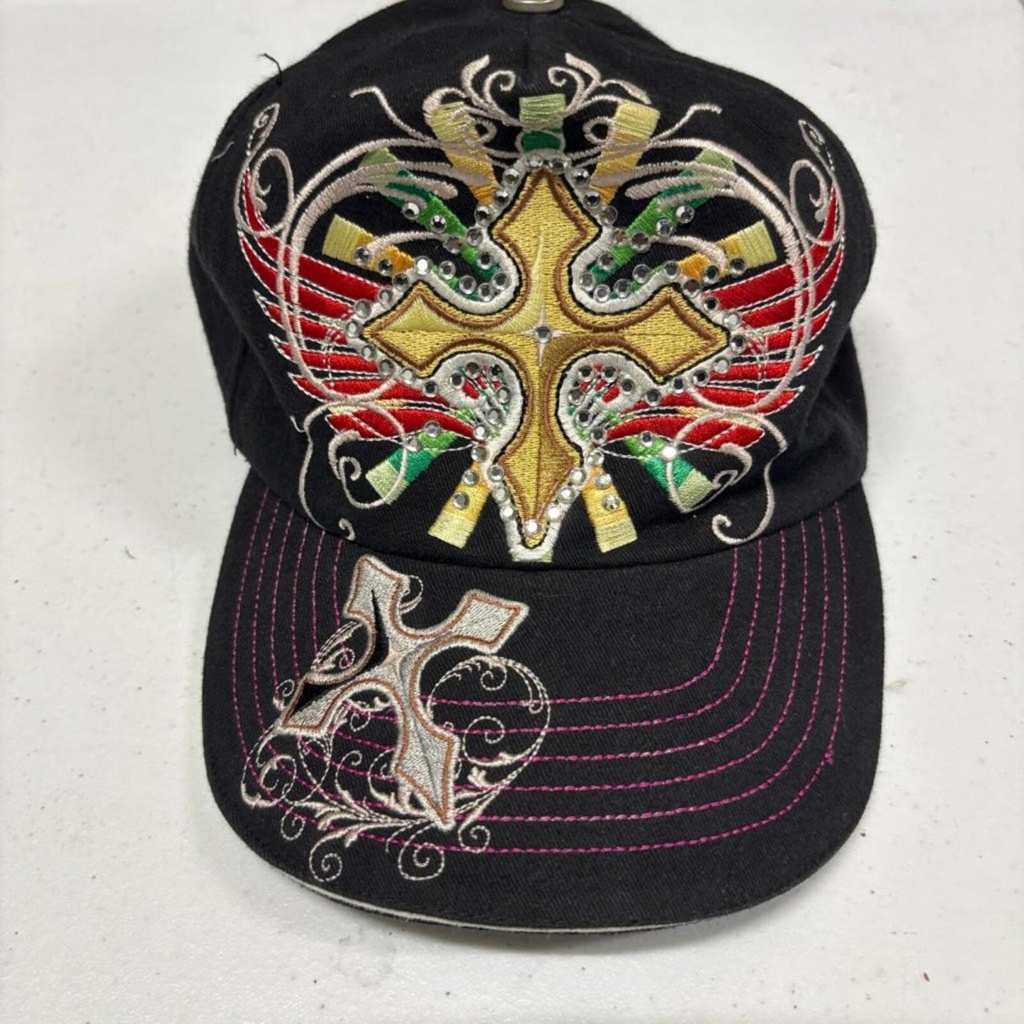 Classic Jolly Roger Womens Cross Rhinestone Baseball Cap Hat Black Adjustable